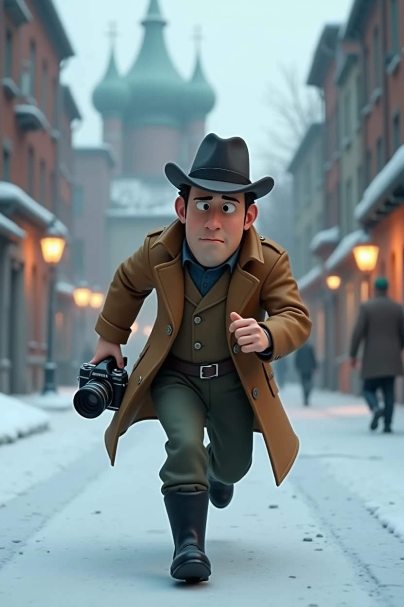 A want a Russian journalist character. with a vintage camera on his hand. running from something in a snow old city. The man is in the med of 30s. The time of the character is in the 1900s. The character is animation 3d Pixar and Disney style. Full body as a Movie poster. with face expression. Only in pixar cartoon style. He is wearing a black boots. And vintage jacket with flat hat. Adventure. Action. Cartoon style.