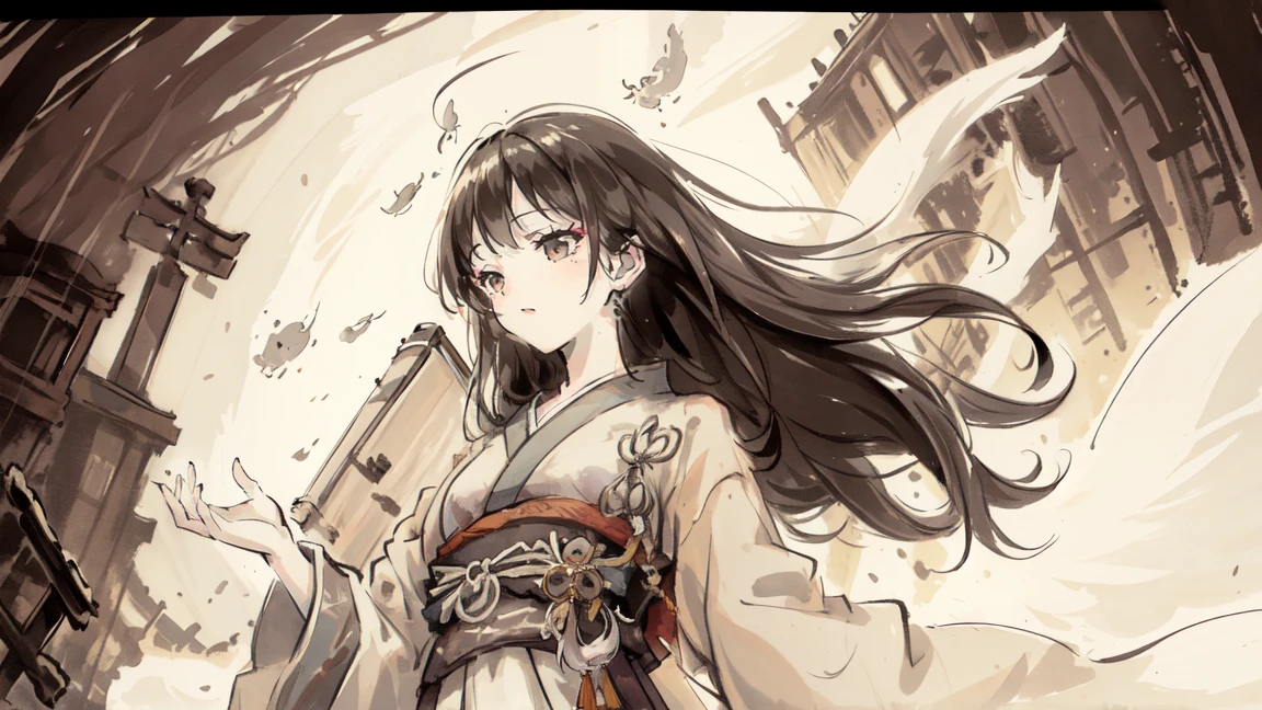 Featured Painting-Style Artworks, Highest quality, Super Fine, 16K, Incredibly absurd, Very detailed, delicate, Flashy and dynamic depiction, Beautiful female ghost, Floating in the sky, Excited expression, fireball, rain, Japanese-style umbrella, (Background monochrome graveyard:1.3)