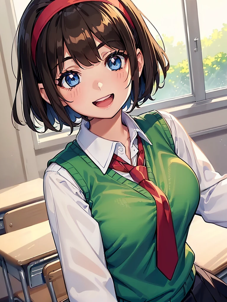 ((1girl)), ((short brown hair)), ((hairband)), ((blue eyes)), ((long sleeved white collared shirt)), ((green sweater vest)), ((red necktie)), ((black skirt)), ((big happy smile)), ((medium breasts)), ((generic girly pose)), ((big happy smile)), ((energetic)), ((bangs)), ((Kawaii)), ((face close up)), ((White shirt)), ((green sweater vest)), ((red necktie)), ((cute art style)), (((anime)), ((eyelashes)), ((friendly smile)), ((open mouth)), ((school interior)), ((long sleeves)), ((modern)), ((close up of face)), ((upper body only))