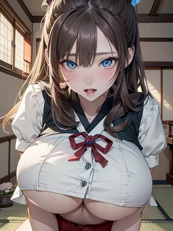 (8k, RAW photo, best quality, masterpiece, soft cinematic lighting, soft color:1.4),(POV,from above:-0.0),(from below,ceiling:-0.0),( looking at camera:1.5),(beautiful eyes focus,Close-up beautiful eyes:1.5), (realistic:1.2), (dark old japanese room,flower picture background:1.5), (solo, mature woman,19years old,super beautiful face,super detaild beautiful eyes :1.5), {sailor uniform,(show off nipple:0.5),low-cut miniskirt,sheer :1.3}, (embarrassed,red Cheeks:1.25),long hair, {{slicked back hair}}, white blonde color hair, clean skin, (smaller butt:0.5),(coverd nipple:0.8),(sagging huge long wide heavy breasts,puffy areola:1.5),(under boob:1.7), (thick, curvy:1.3),(very skinny:1.5),(temptation pose:1.2),(open mouth:1.1),(kneeling:-0.0),(obedience attitude,sexy :1.8),