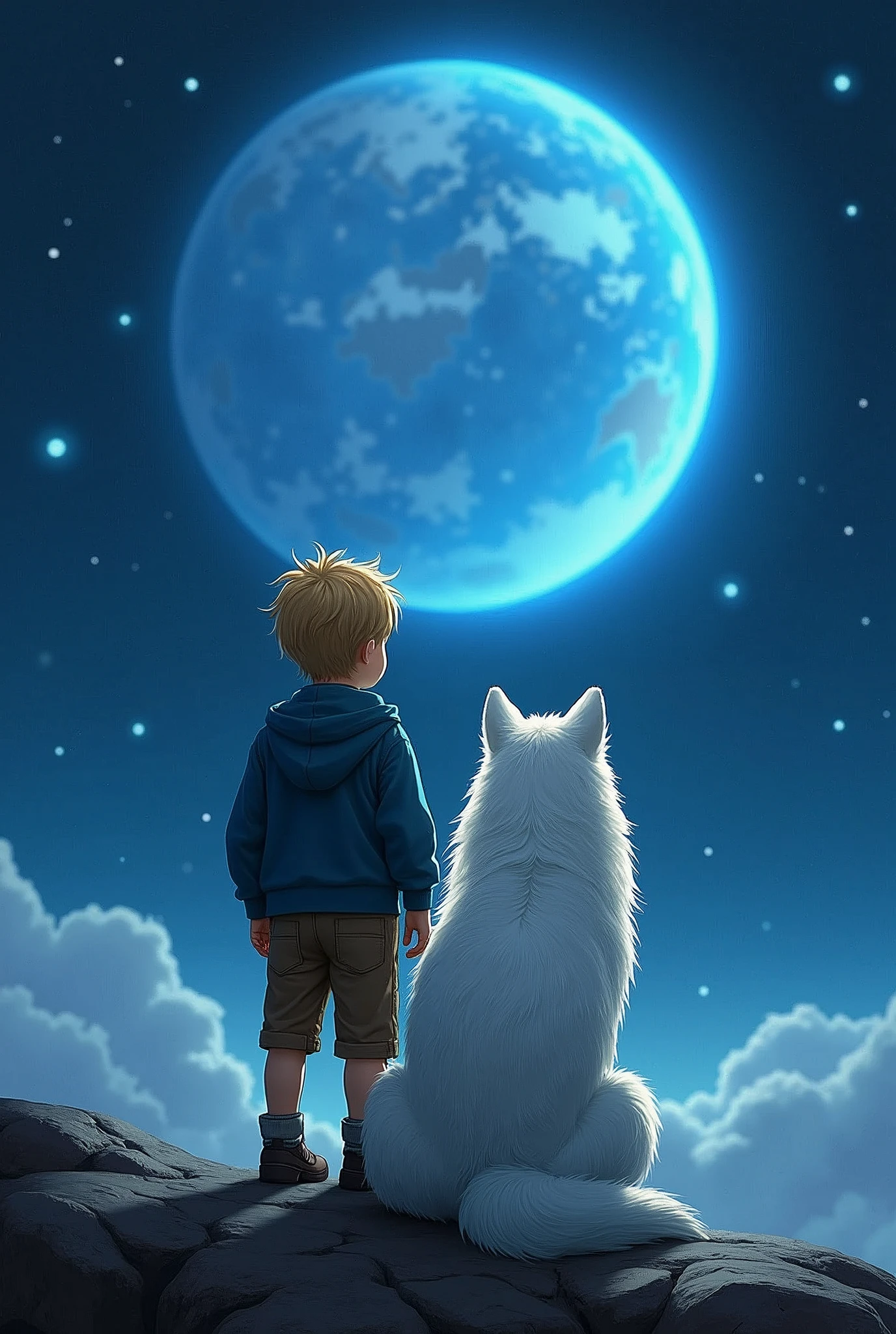 A blond boy and a white wolf standing side by side, looking at the blue glowing Earth from a small planet.