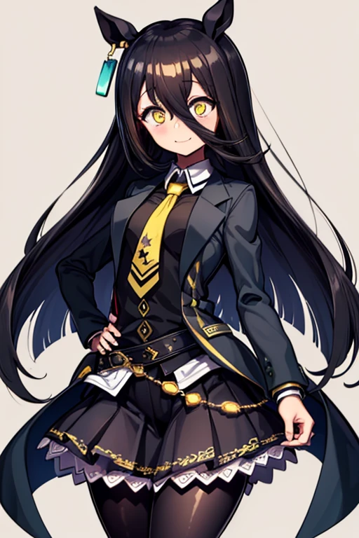 masterpiece, Highest quality:1.2), Manhattan cafe(umamusume), One Woman, alone,Glowing Skin、Yellow Eyes、Eyes without highlights、Thick legs、Are standing、Cowboy Shot、smile、Black Skirt,Black Business Shirt、Yellow tie,Black jacket,pantyhose