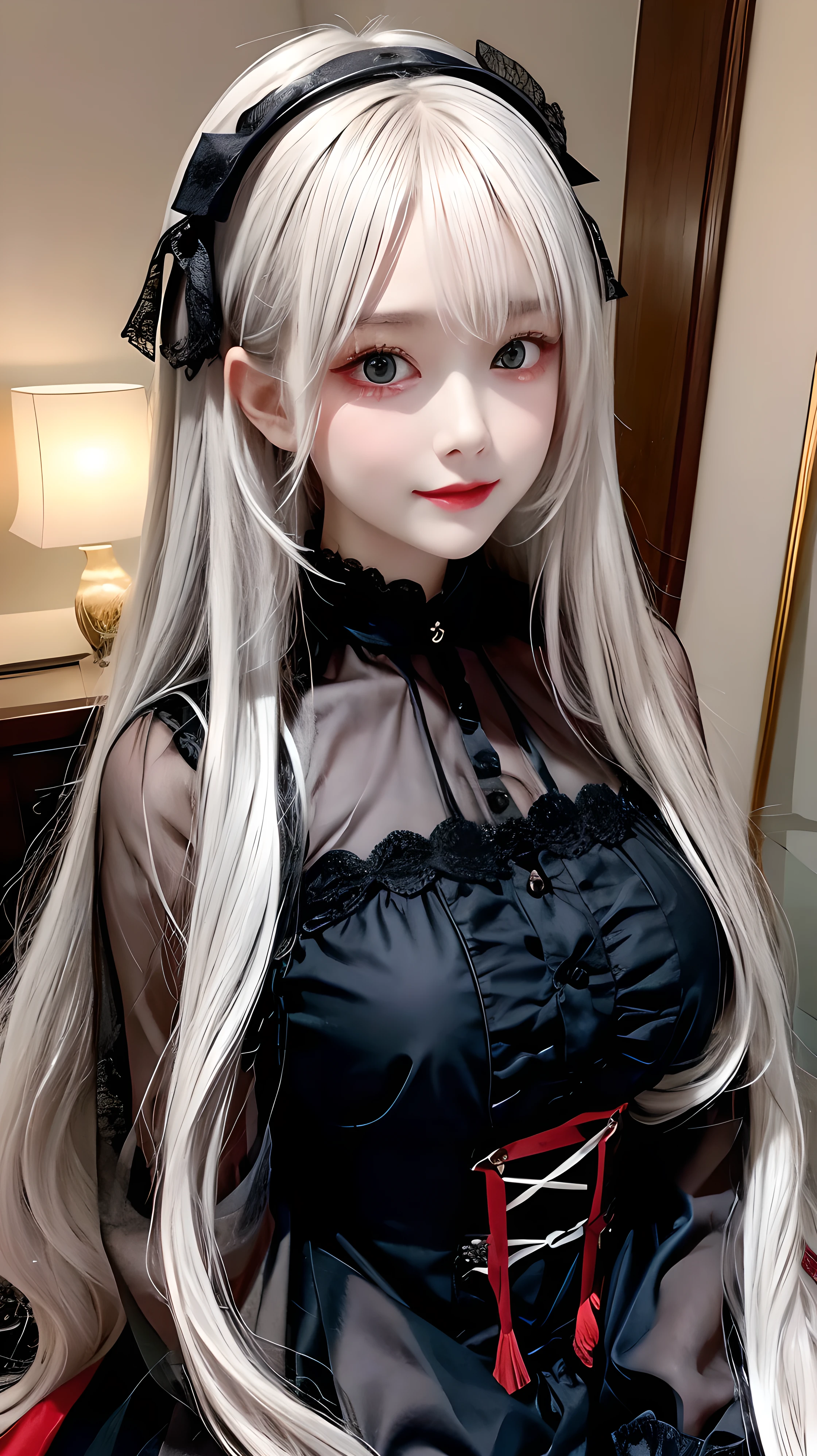 Has long white hair and red eyes、Please draw a super beautiful girl wearing a black hair accessory.。She wears a Gothic Lolita outfit、The elegant and mysterious atmosphere surrounds you.。Her hair ornament is black、Showing off her beautiful hair、It highlights her individuality。
Her Gothic Lolita outfit、A dark and luxurious design that is still subtle、It maintains its understated charm。Lace and ribbon、Accents such as ruffles、It is a hallmark of her Gothic Lolita style.。The outfit hugged her figure beautifully.、It gives elegance and class。
Her red eyes shine passionately、Combined with her charming smile、It highlights her individuality and charm.。Her smile has a unique charm、Combined with her mysterious aura、Her charm stands out even more。Her appearance is美しく、Its presence is captivating。
This beautiful girl with long white hair and red eyes、Wearing a modest yet attractive Gothic Lolita outfit、It displays its beauty and dignity。Her appearance is、Her presence and charm in the world of Gothic Lolita fashion is fused together.、It is a fascinating and mysterious sight.。