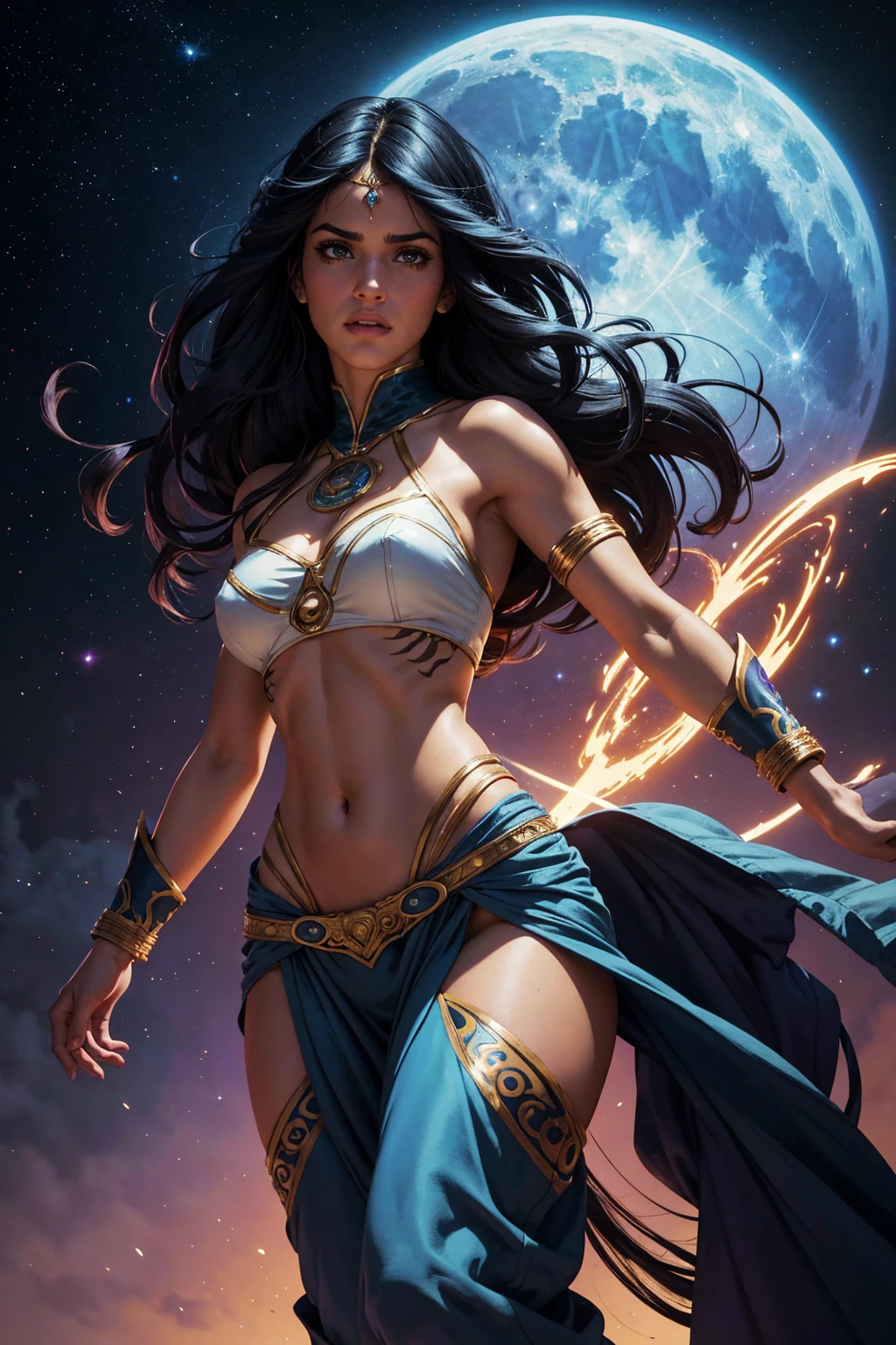 Sofia Boutella as Kora Arthelais from the movie Rebel Moon, sci-fi, highly detailed cinematic illustration, black outlining, full color illustration, vivid colors, white background, in the style of Boris Vallejo & Julie Bell, masterpiece, 8k, ultra-detailed, physically-based rendering, vivid colors, dramatic lighting, intricate background, photorealistic