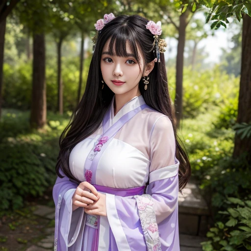 best quality, Delicate face,beautiful visual work, lifelike, eternity, black hair, Long curly hair, blunt bangs, Smile, Detailed Background, Delicate face,blush,cold,((masterpiece))、(top quality)、8k、high detail、Super detailed,31-year-old female,身穿唐制Hanfu、waist skirt, Clothes are light and fluffy,Hanfu, wide sleeves, Transparent sleeves, Long sleeve, Tunic, Clothes made of chiffon, masterpiece、born、Scenes resembling fairy tale illustrations、intricate details和複雜的設計、Beautifully、magic、capricious、 Beautifully、Dream aesthetics、「𝓡𝓸𝓶𝓪𝓷𝓽𝓲𝓬、ethereal、charming、fickle、magic」、realism、Visual effects、FXAA、SSAO、Shader、voiceless、ambient lighting、Tone mapping、High resolution、Ultra high quality、Million pixels、(8K resolution:1.10)、8k、8k以下、8K resolution、high detail、intricate details, (high quality:1.2、masterpiece:1.2、:1.21)、(31-year-old female:1.21)、(興奮地Smile)、(被dream般的氛圍所包圍、Model diagram,full-body shot,Normal 2 feet,Put your hands behind you,The protrusion of the breast is visible when wearing clothes, Large Breasts, H cup chest, antiquity, Xian Xia, gauze clothes, Soft and fluttering, Fairy, dream, fantasy, light, Elegant, nature, Immortal, romantic, classical, ribbon, light purple clothes,Behind the Forest