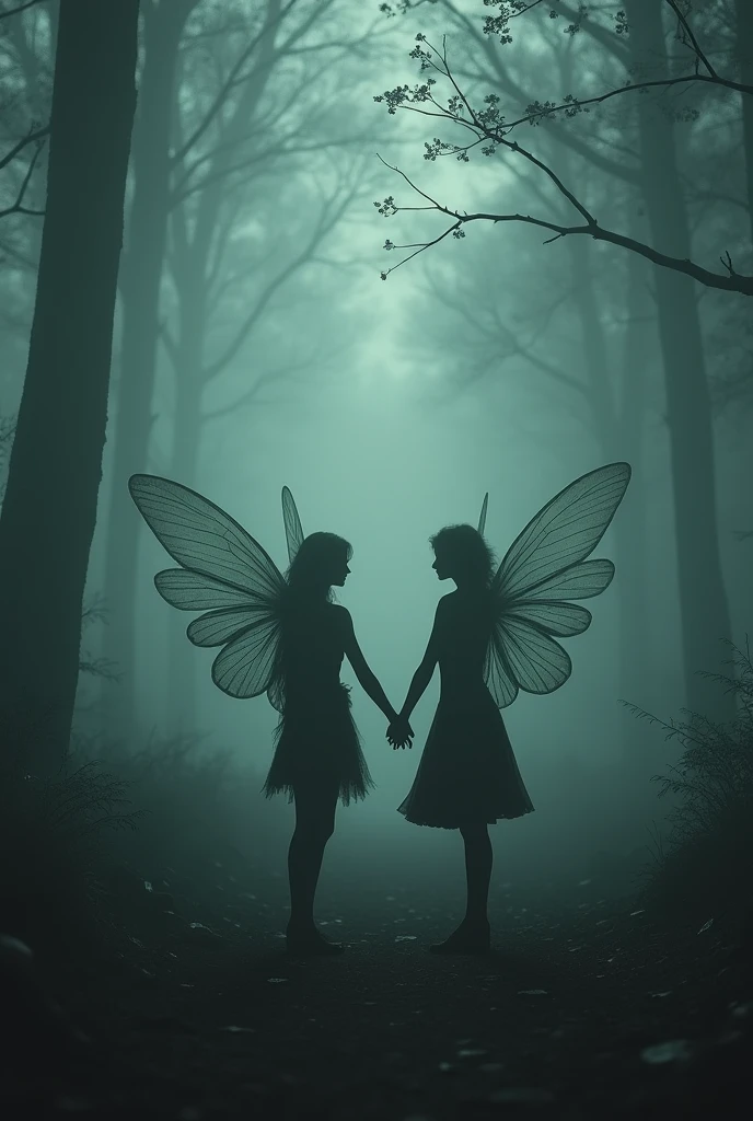 Dark love concept: 10 fairies standing holding hands in a foggy forest