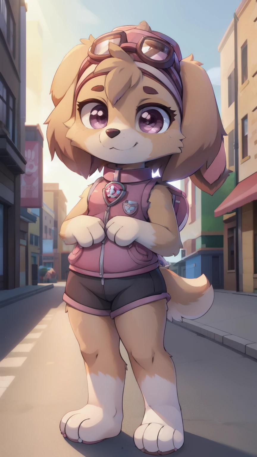  Skye, dog, furry girl, magenta eyes, brown hair, spiky hair, two tone body fur, brown body fur, clear brown body fur, grat hair, detailed body fur, detailed body, detailed face, detailed eyes, glistering body, shiny body, skinny, (best quality), cinematic lighting, looking at viewer, anime style, full body, feets with three toes, street, clear sky, 1girl, :3, tiny body, short body, (anthro:1.4), skyepawpatrol, skye \(paw patrol\), dog ears, floppy ears, hat, goggles, (vest:1.2), collar, clothed animal, ((solo)), standing, 