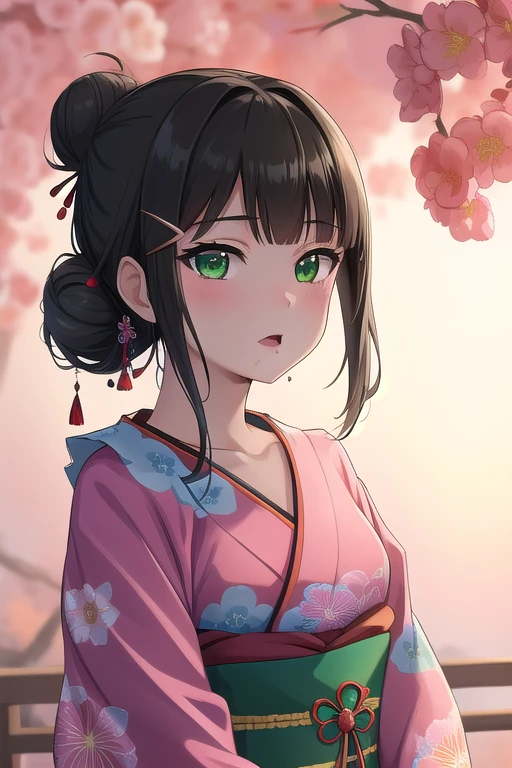 ultra-detailed,
master piece,best quality,high resolution,
beautiful eyes,detailed eyes,detailed face,
beautiful detailed eyes,symmetrical clear eyes,
1girl,diakurosawa, dia kurosawa, black hair, (green eyes:1.5), blunt bangs, grey skirt, hair ornament, hairclip, mole, mole under mouth, (small breast:1.2),(medium breast:1.3)
BREAK collarbone, floral background, floral print, frilled sleeves, frills, hair bun, hair ornament, hair stick, hair tubes, headpiece, japanese clothes, kimono, my mai tonight, obi, sash, sidelocks, single hair bun,