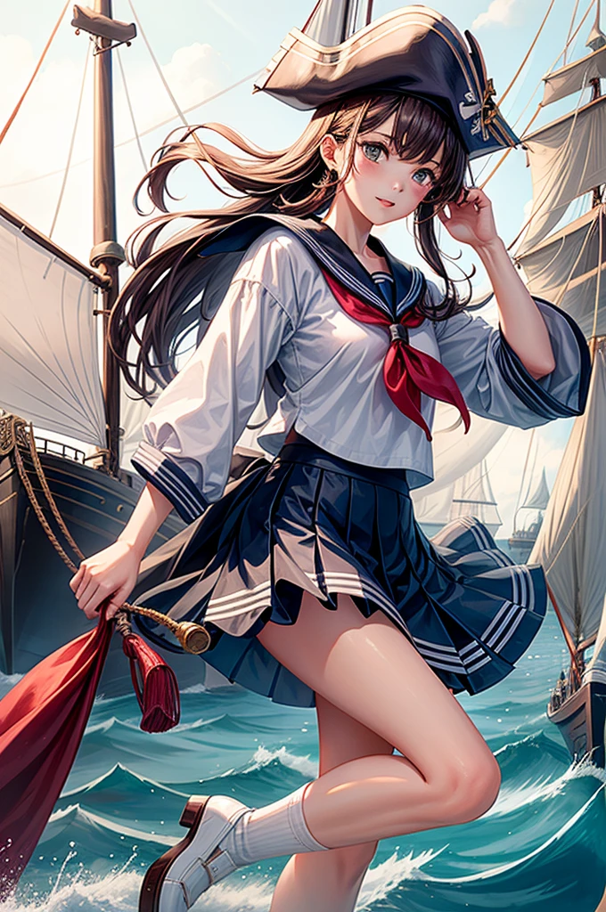 One Girl, pirate, Highest quality、Cinema Lighting、Sailor suit、Long skirt、 sailboat（Galleon）On the mast、White panties,