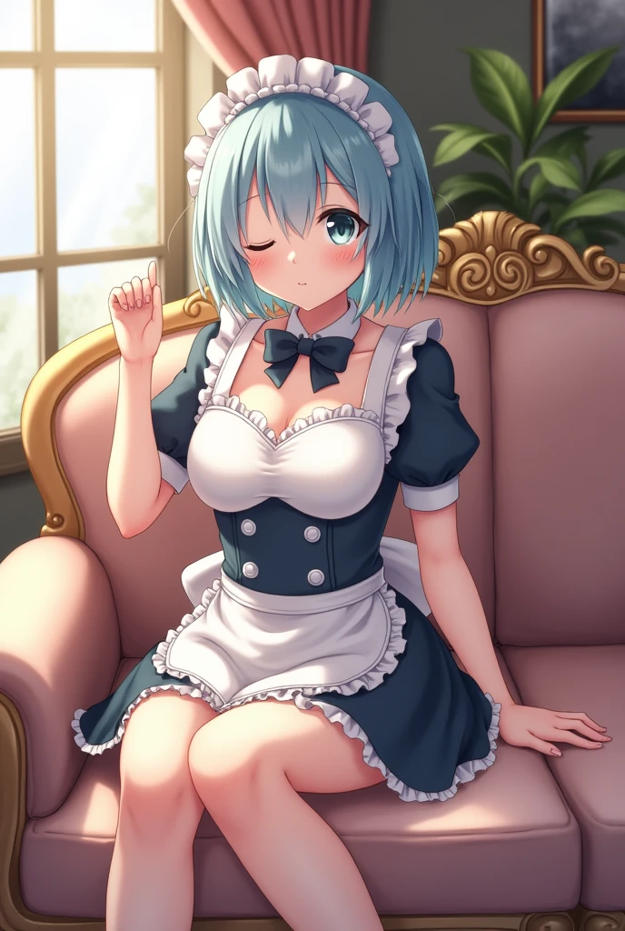 Rem, dressed in a maid's uniform, is relaxing on the sofa. Light blue hair, short hair, a little cleavage, short skirt, about .