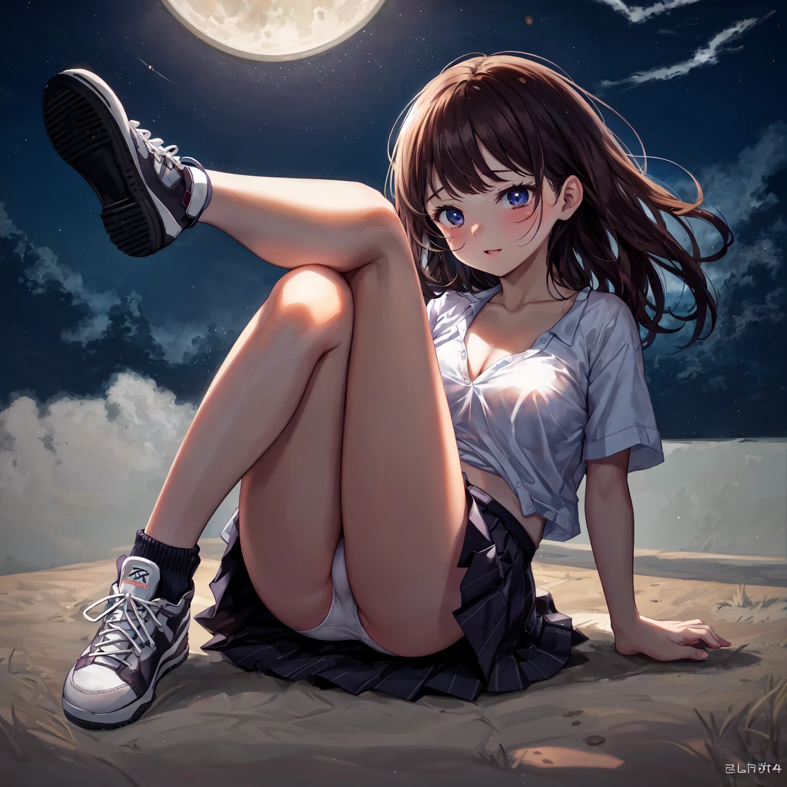 masterpiece, Highest quality,pastel colour,pretty girl,closed mouth,night,crying,Lean back,Raise your legs high and cross them,Sit on a park bench at night,fat,Polo shirt,I'm on my knees,Sigh,sneakers,High quality white panties and loose shirt, {{beautiful middle size breasts 1:4}},Pleated skirt,Photoreal 1;4,brown hair,full body ,portrait1;4, {{girl}},high quality background, slanted eyes, detailed shirt chest wrinkles,BREAK, {{beautiful blue eye1:4}}, Accurate 5 fingers