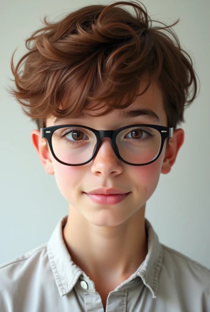 young male, delgado, short hair, chestnut, Brown eyes, white, With glasses