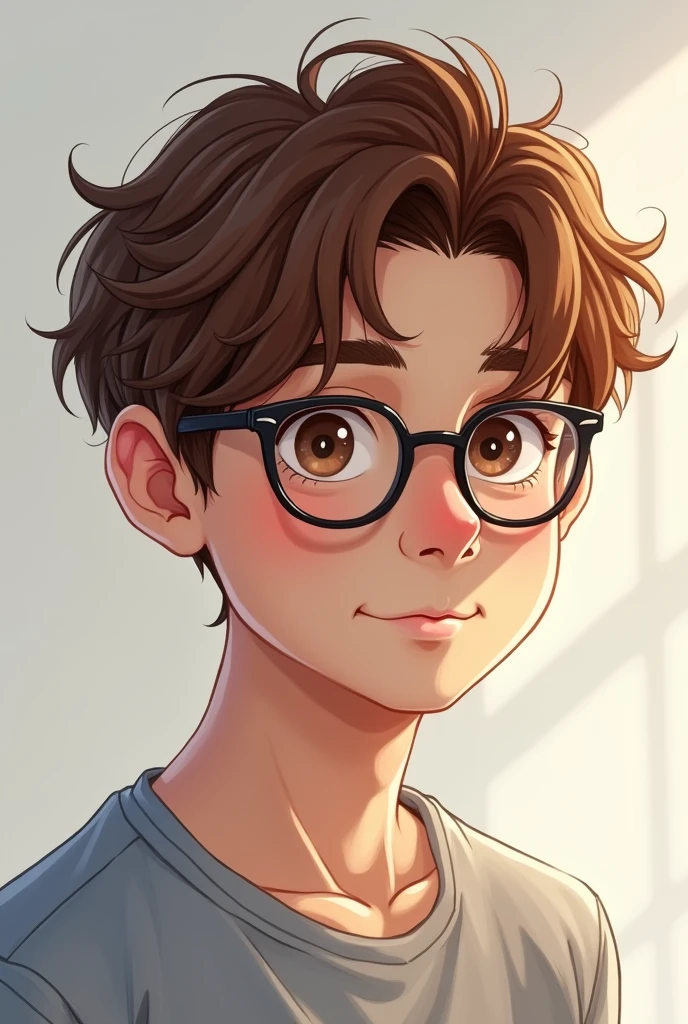 young male, delgado, short hair, chestnut, Brown eyes, white, With glasses