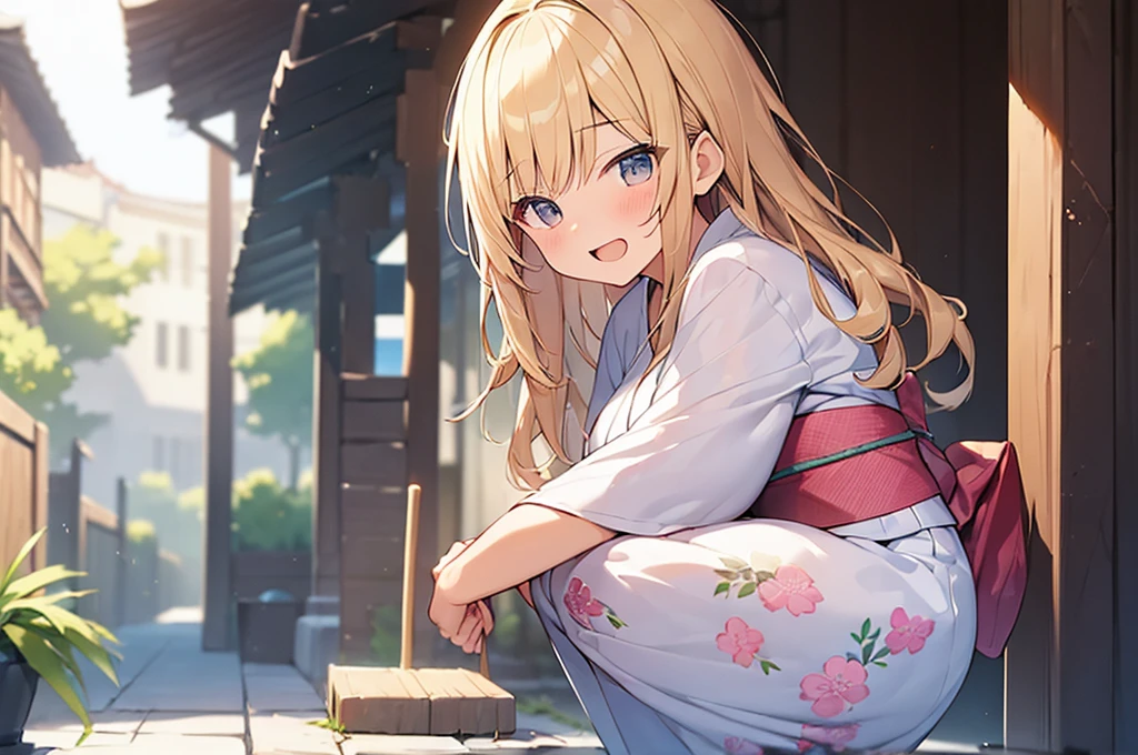 (Masterpiece, Top quality:1.5), 1 beautiful girl, solo, squatting down, from side, Blonde, medium Hair, wavy Hair, asymmetry bangs, swept bangs, airy hair, large breasts:1.2, 16 year old, standard weight, (yukata :1.3), smile:1.3, blush, beautiful scene of narrow Alley, blurry background, magnificent panorama view, blurry background, open mouth,