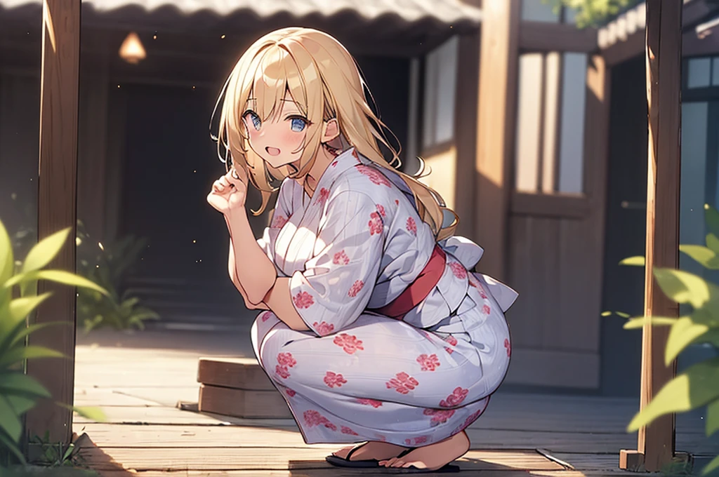 (Masterpiece, Top quality:1.5), 1 beautiful girl, solo, squatting down, from side, Blonde, medium Hair, wavy Hair, asymmetry bangs, swept bangs, airy hair, large :1.2, 16 yearard weight, (yukata :1.3), smile:1.3, blush, beautiful scene of narrow Alley, blurry background, magnificent panorama view, blurry background, open mouth,