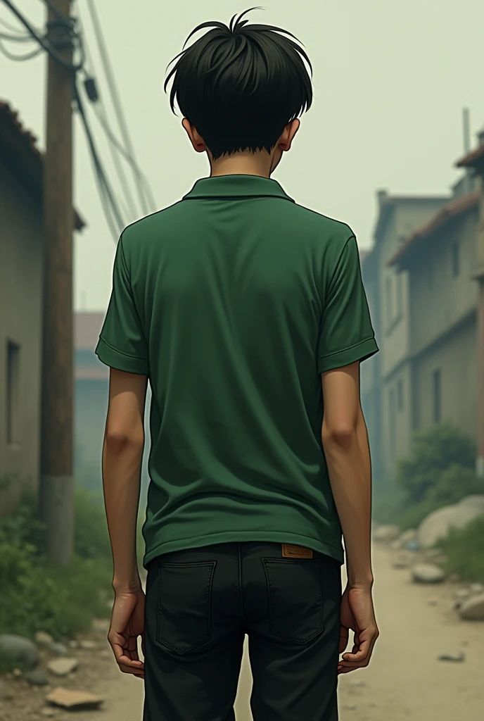 a tall skinny depressed poor boy in green collar tshirt and in black full lower, back side view