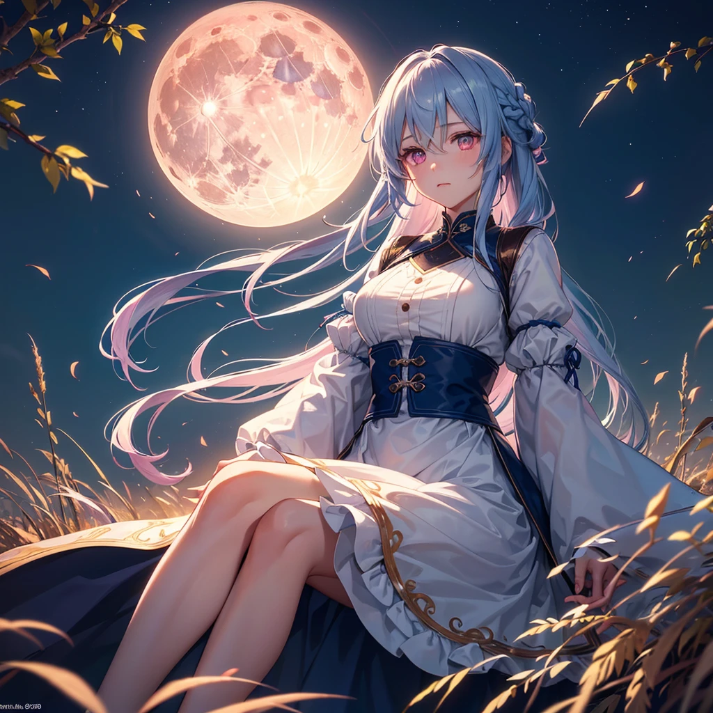 (Sky blue braided medium length hair), (Pink eyes),(Fair skin) ,(whole body),(One Girl),(harvest moon),(A large amount of Miscanthus sinensis in the background),autumn,(full moon),(masterpiece, Highest quality, Very detailed, Best Shadow), (Detailed Background), (Beautifully detailed face), High Contrast, (Best lighting, Very delicate and beautiful), ((Cinematic Light)), Hyper Detail,8k, Dramatic Light, Intricate details