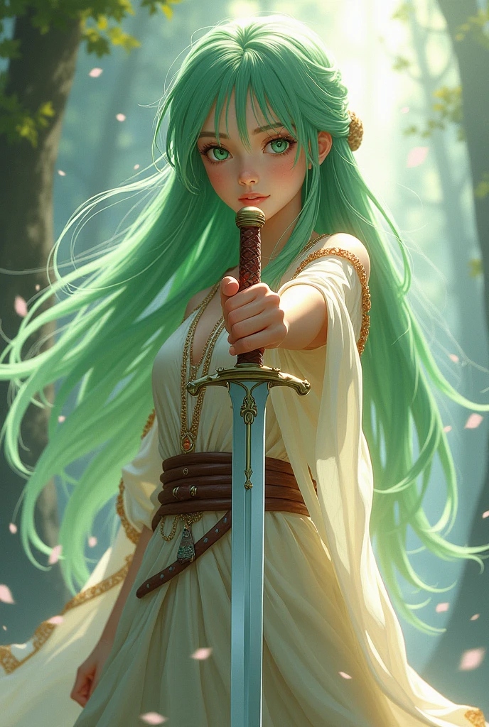 Beautiful animetion girl with litegreen long hair, bohemian dress, holding a sword with her right hand and showing it to the viewer,she looks like Hitori Goto