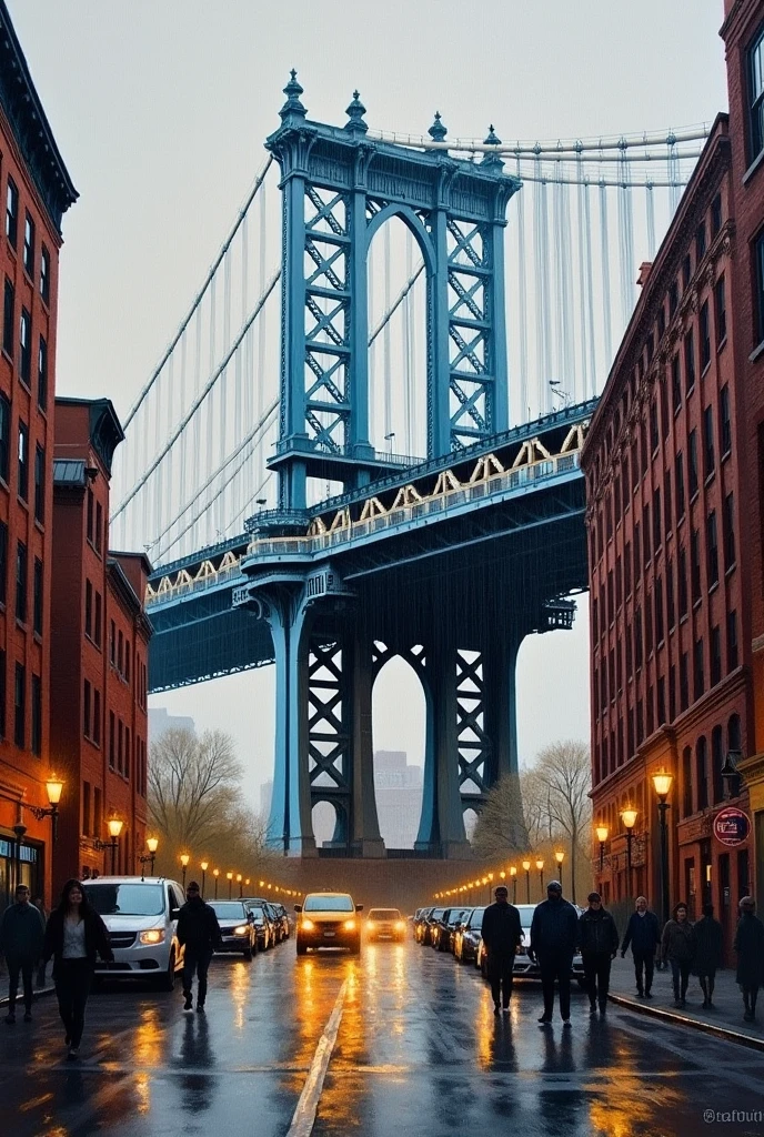 New York bridge, rain, people, canvas, oil paint, impasto brushstrokes, Richard Schmidt, Mark Legu, Jeremy Mann