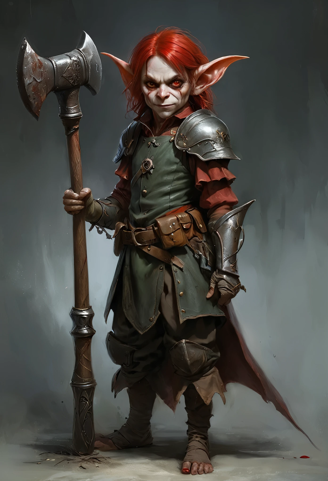 Realistic anime character, cute goblin femail, redhead, red eyes, full body portrait, holding a big hammer, little smile, in battle, dynamic composition, intricate gloomy background, dark fantasy style, dark arts, depth of field, blood of the enemies 