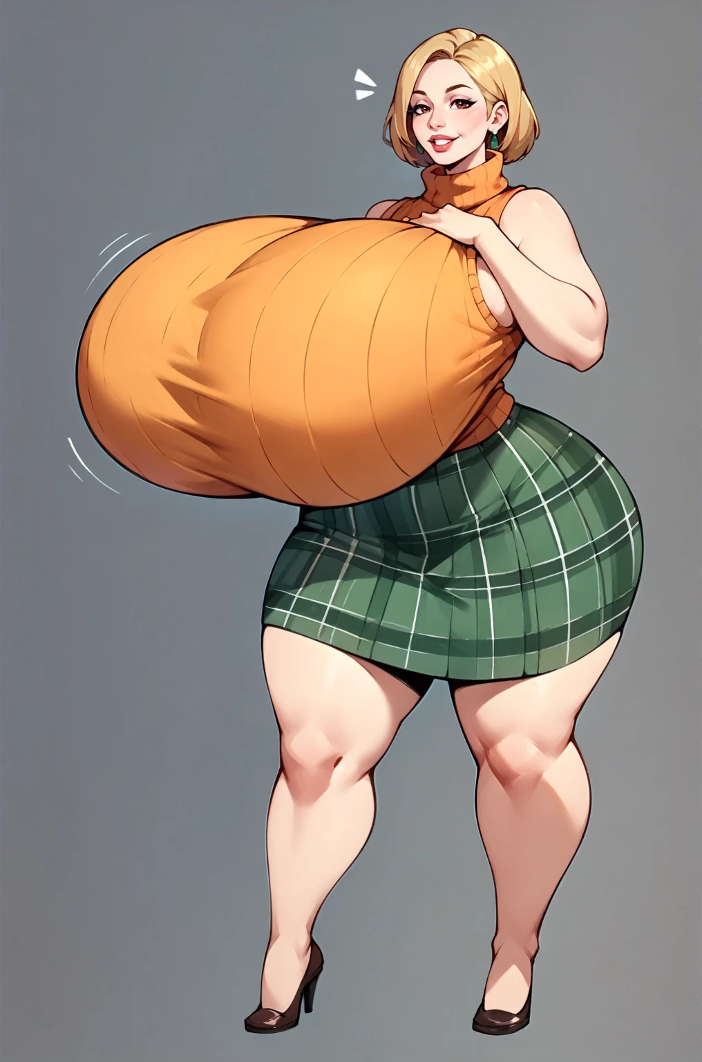 score_9, score_8_up, score_7_up, score_6_up, score_5_up, score_4_up, solo, thicc Ashely Graham from resident evil 4, ((mature mom)), short blonde hair, brown eyes, ((orange sleeveless turtleneck sweater with a burgundy sweater around her neck)), green plaid skirt, big thick full lips, ((pouted lips)), ((squinting eyes)), ((full body)), ((NSFW)), sexy, seductive, alluring, cute smile, joyful, (((fetish: breasts expansion))), (((gigantic breasts))), sagging breasts, big nipples, wide hips, thick thighs, huge ass