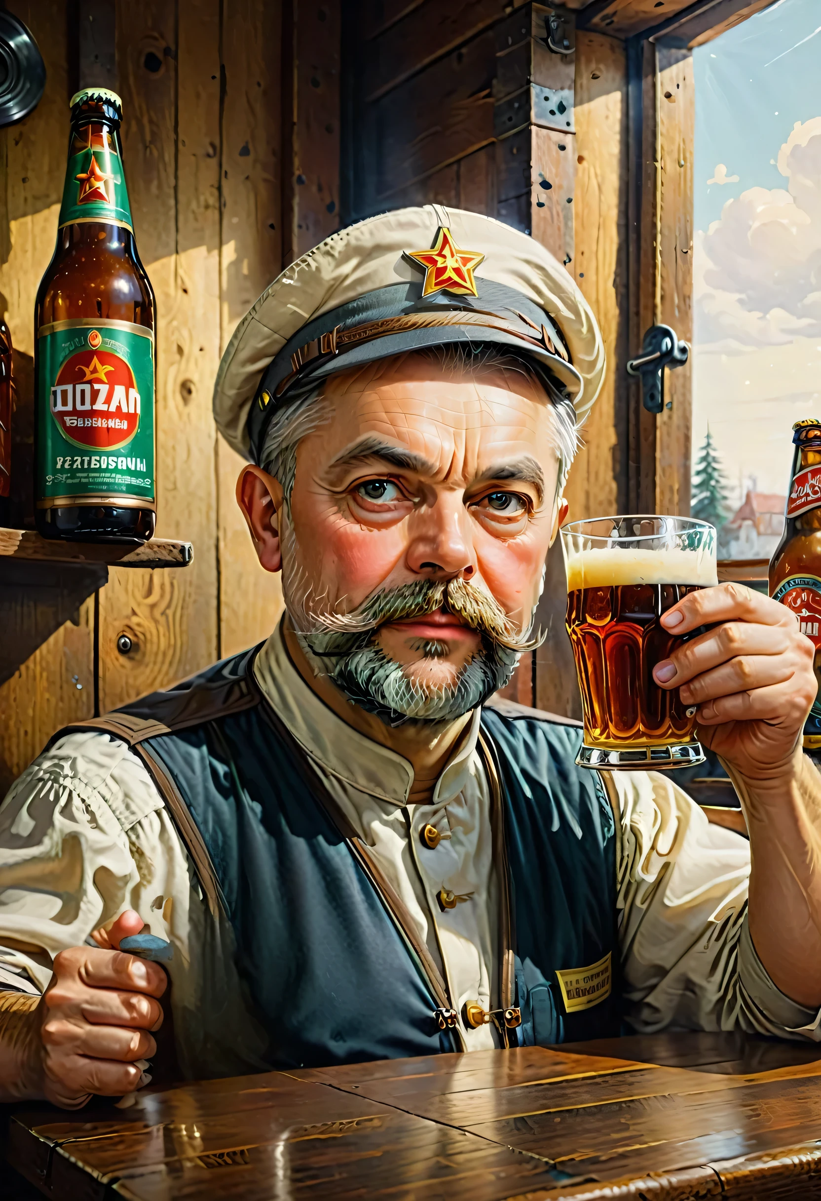 Best quality, masterpiece, very aesthetic, perfect composition, complex parts, ultra detailed, Image of a man, holding a glass of beer, Soviet poster of viktor orban, soviet advertisement, beer advertisement, in the style of Soviet propaganda, Ignacio Zuloaga, Raphael Levitsky, Julius Hatofsky, Communist propaganda poster, Communist propaganda, author: György Vastag, Konrad Witz, Soviet poster, grandfather with a gray beard, eight-piece cap, light beige shirt, A glass of beer, Realistic still life, art photography, stylize 1000
