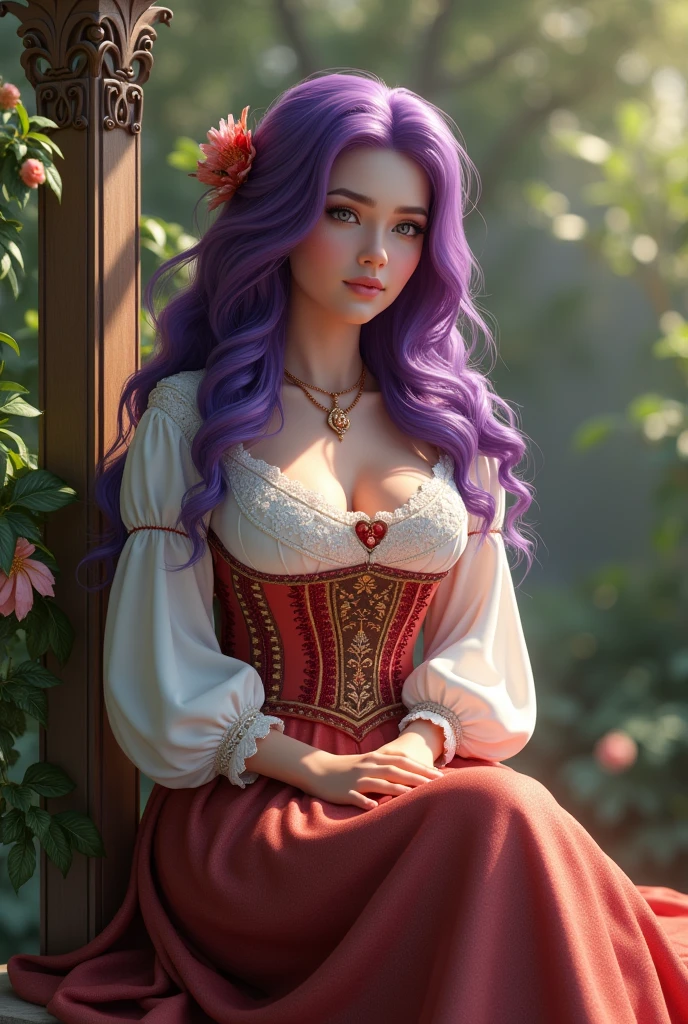 Young woman,Twenty-five years old, Beautiful face, Long purple hair, Wearing Central European clothing, Big chest, Thin waist, Big butt, Sitting in the garden, Victorian style 3d