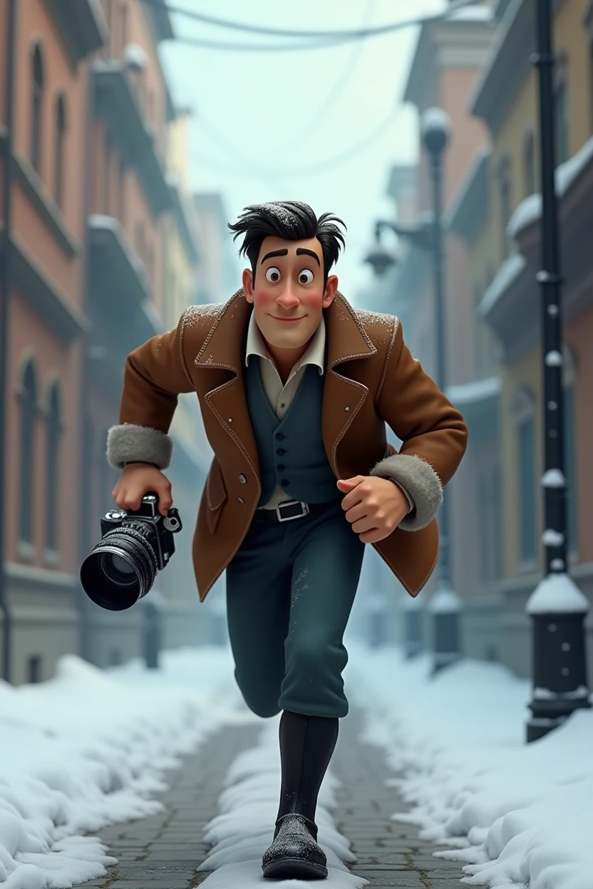 A want a journalist with a vintage camera on his hand running in a snow old city. The man is in the med of 30s. The time of the character is in the 1900s. The character is animation 3d Pixar and Disney style. Movie poster, running from something with face expression. Only in pixar style. He is wearing the black boots. And vintage jacket.