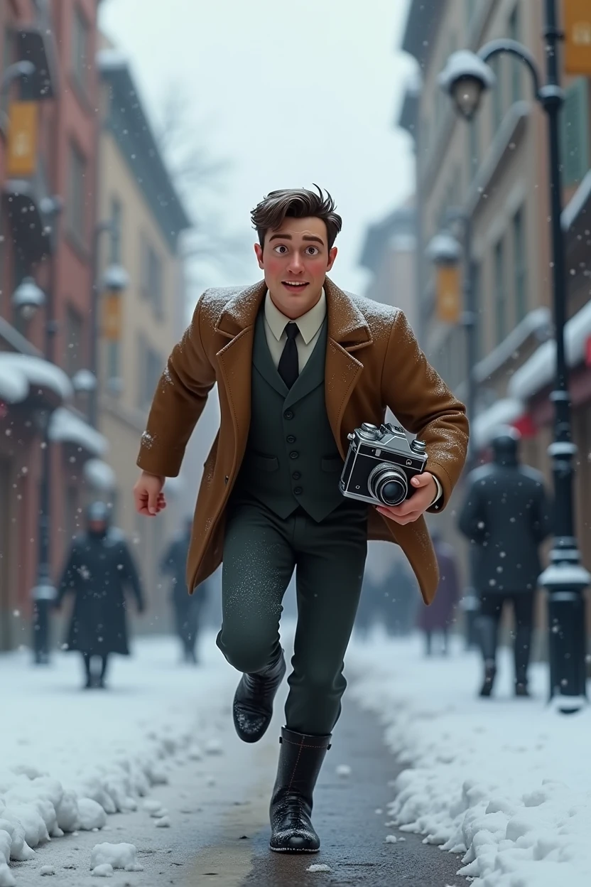 A want a journalist with a vintage camera on his hand running in a snow old city. The man is in the med of 30s. The time of the character is in the 1900s. The character is animation 3d Pixar and Disney style. Movie poster, running from something with face expression. Only in pixar style. He is wearing the black boots. And vintage jacket.
