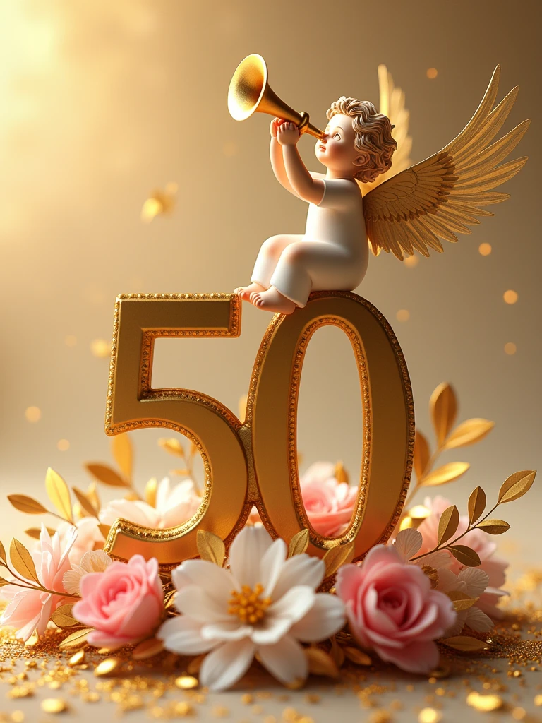 a 3d flat golden 50 with an angel sitting at the top of it with a trumpet, lying on pink and white flower bouquets with golden leaves, backdrop of glittering gold particles