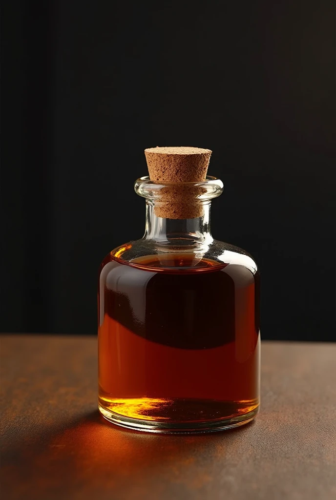 Dark brown oud oil in a bottle with a cork
