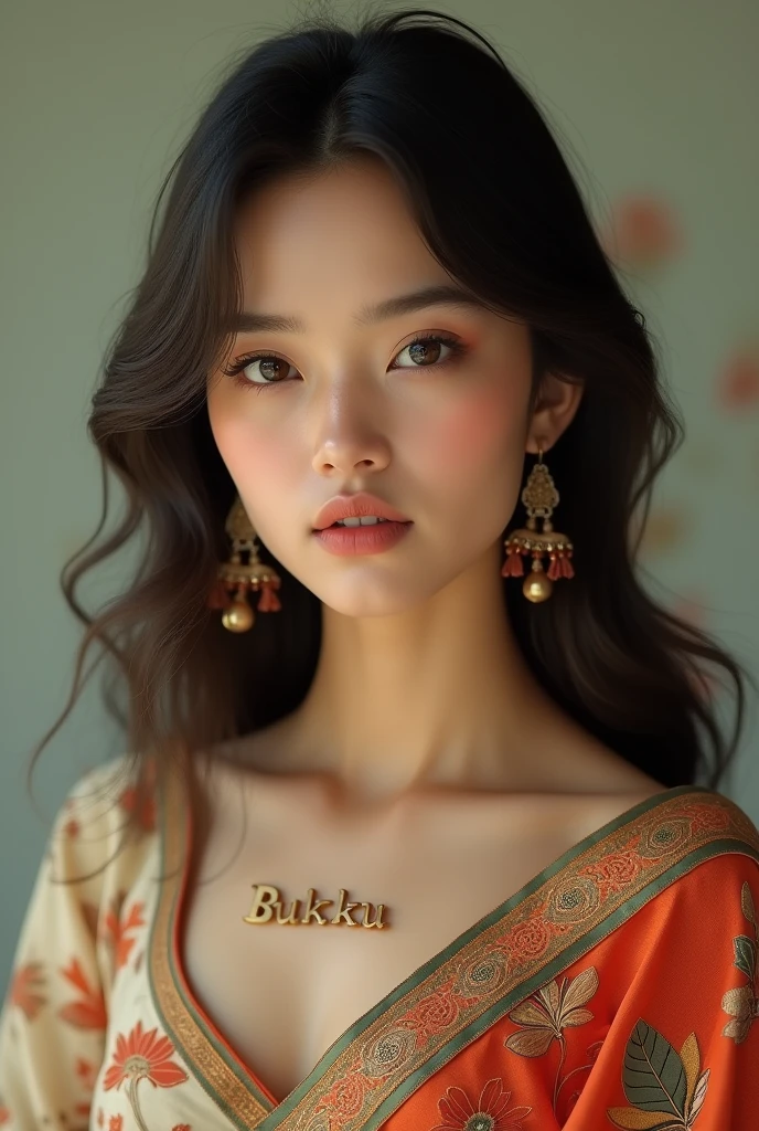 A beautiful girl named Bukku on her chest. Wearing Indian suit with trouser.