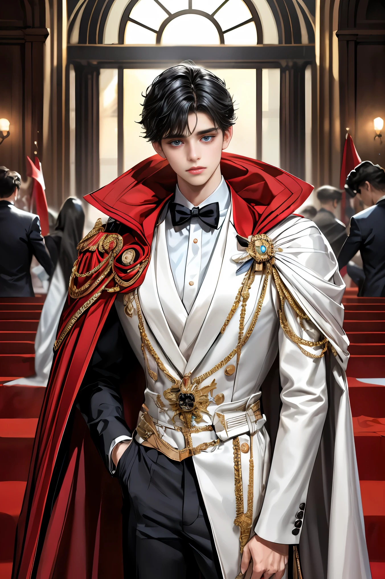 
masterpiece, 最high quality, high quality, 1 boy, alone, Male focus, Watching the audience,  Messy black hair, Adorable big blue eyes, White, Noble, Noble,A sexy, voluminous, puffy cape、tuxedo、A very voluminous, large, very large, very large, long, long red and black cape with a high stand-up collar, made of a lot of fabric that reaches down to the floor., 17 years old,Cute beautiful boys,Cute, cute, kind, handsome guy