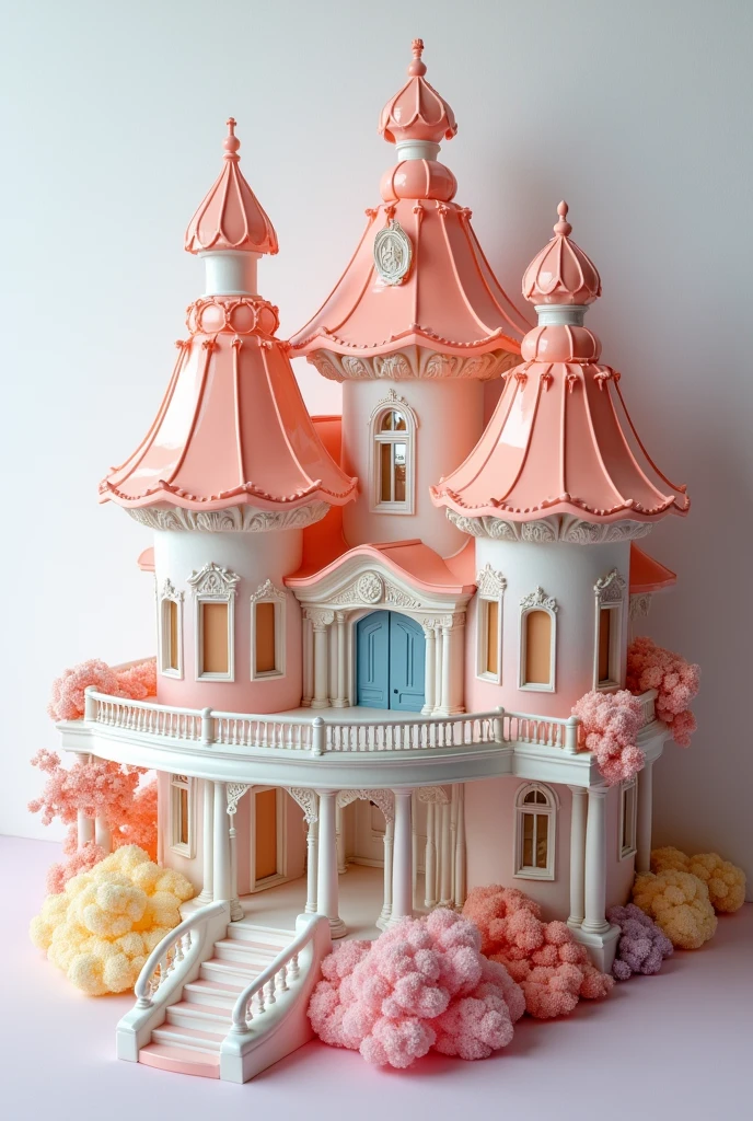 Beautiful mansion made of ruffled edge colored porcelain, colored crystals, ornate, delicate, soft colors, soft lighting, balcony with a large ornamental frame made from glass, white background, dreamy aesthetic, in the style of David LaChapelle and JeeYoung Lee. Using a Canon EOS 5D with a 28.0mm lens, f/3.5 aperture, shutter speed 1/200s, ISO 100, and natural light. The photography is hyper-realistic, cinematic, with cinema-level detail, UHD, color correction, cinematic color - ar 85:128, and stylize 750.