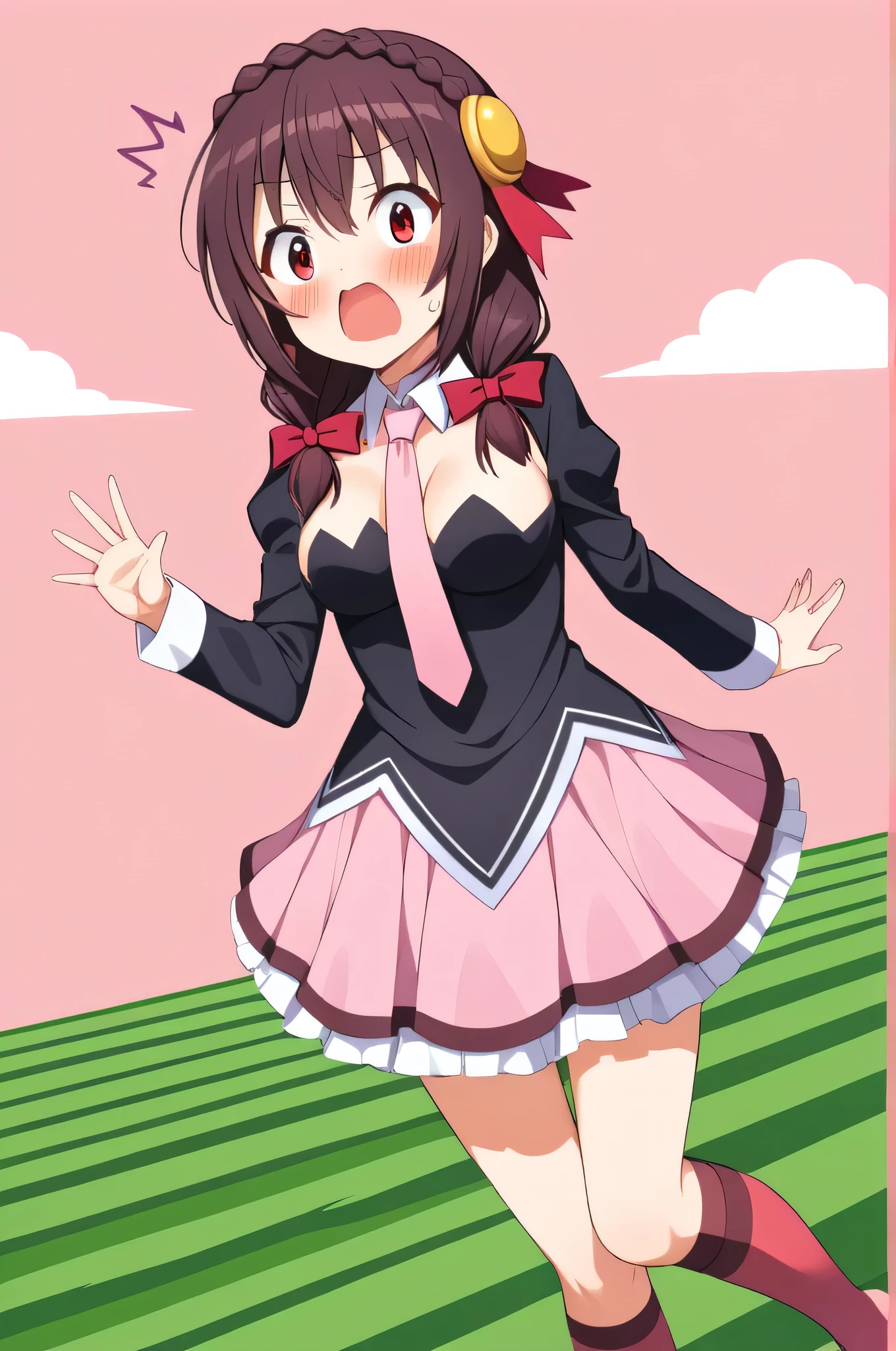alone, One girl, Yunyun, (Surprised expression:1.5)、 (blush:1.5)、Crown braids of the same color as your hair, Red Eyes、hair ornaments, Hair Ribbon, Pink tie, Long sleeve, Pink Skirt, Knee socks, Cleavage, The background is a watermelon field、Being chased by a watermelon with eyes and a mouth