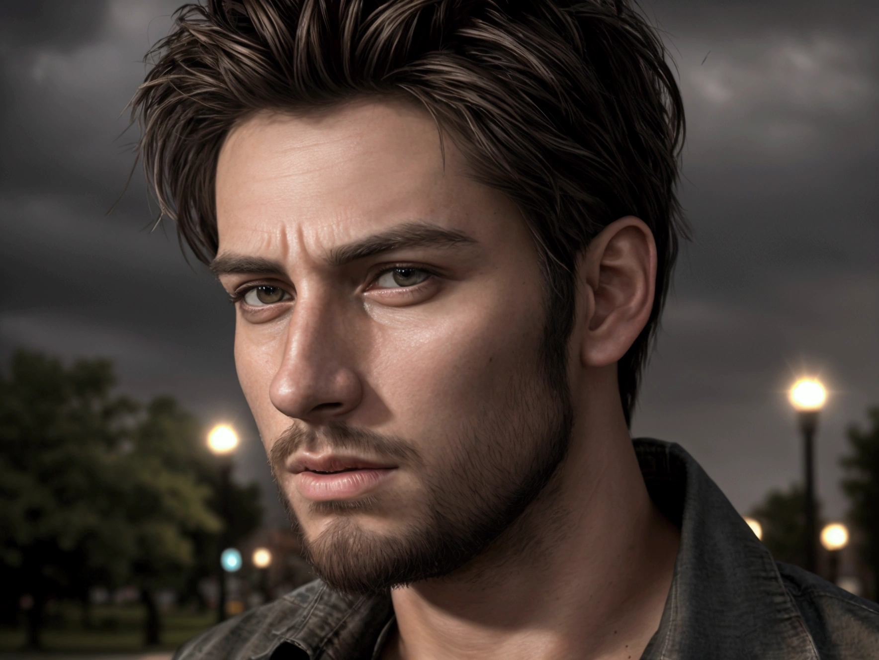 (best quality,4k,8k,highres,masterpiece:1.2),ultra-detailed,(realistic,photorealistic,photo-realistic:1.37),portrait,portrait photography,beautiful city park,handsome 27 year old man,homeless man,dirty torn blouse,staring at camera,cinematic lighting,dramatic lighting,moody lighting,melancholy,somber,pensive expression