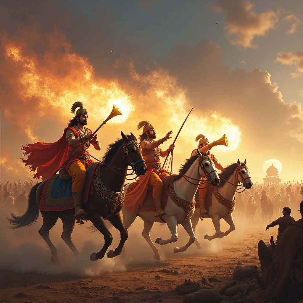 Illustrate a dramatic battlefield moment where Krishna, Arjuna, and Bhima are each blowing their unique conch shells. Krishna (Hrishikesha) should be depicted in his ornate chariot, blowing the Panchajanya conch with a divine, luminous aura. Arjuna (Dhananjaya) is shown in his chariot, blowing the Devadatta conch, which should have a strong and heroic visual impact. Bhima (Vrikodara) should be prominently displayed with his chariot, blowing the Paundra conch, radiating power and intensity. The scene should capture the vibrant energy and sound of the conch shells, with dynamic waves of light or sound emanating from them. Include elements such as detailed ancient chariots, horses, and the surrounding battlefield to highlight the significance and grandeur of this moment in the epic battle.