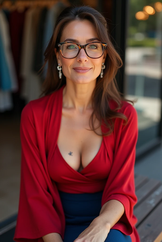 Professional, High level of detail, close up photo (attractive mature 50yo woman:1.3), long brown hair, tied up, gray eyes, (red robe, long maxi dress,blue waisted skirt, no bra)1.455,ray tracing, natural lighting, (seductive:1.1), (blushing:1.1 ), (classy, elegant, dandy)1.2, (round big breasts)1.2 (pokies)1.3, (toned body, hourglass body shape) (wipe hips), (full body with visible face and eyes)1.5, glasses, earnings, front of store, bench, necklace, tattoo on breast