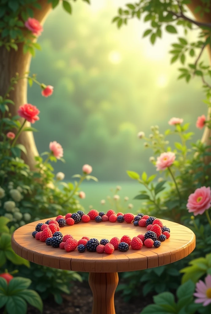 A round wooden table with berries in a circle, a teapot should fit in the center, BUT DON'T ADD THE TEAPOT TO THE TABLE. Only 6-7 berries at the edges of the table AND IN THE BACKGROUND A BEAUTIFUL GARDEN