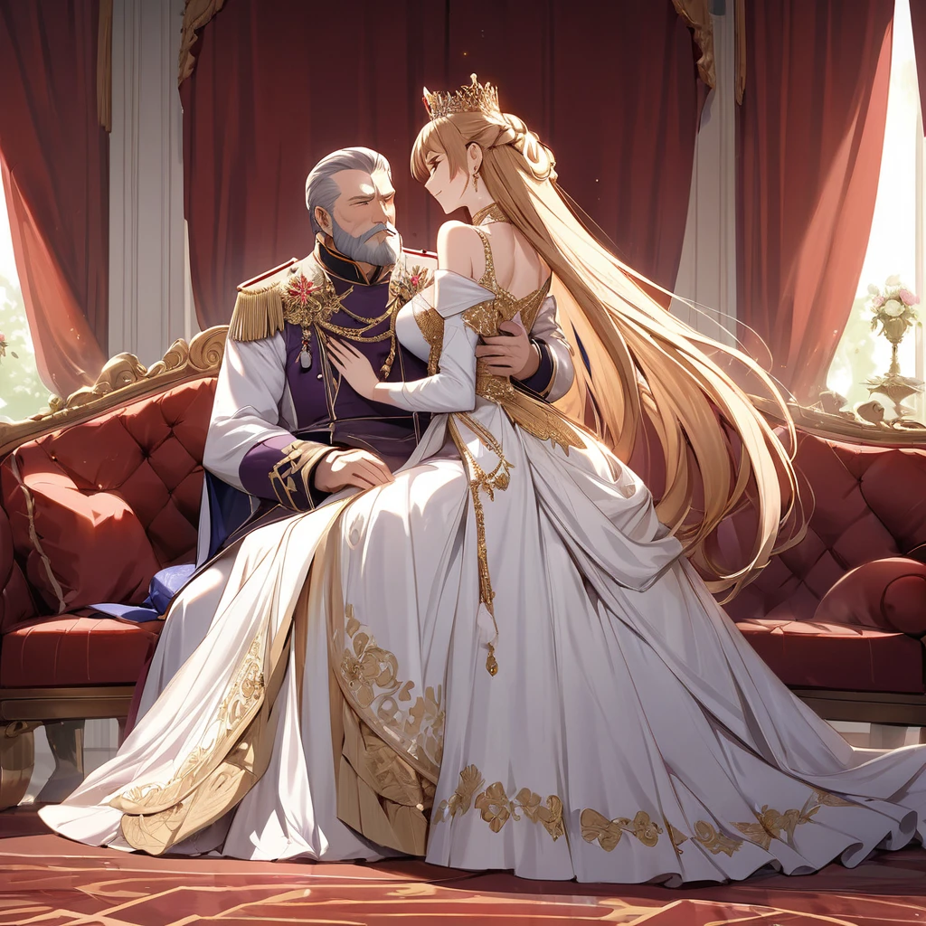 ((Highest quality)), ((masterpiece)), (detailed), (Perfect Face)、The woman is Yuuki Asuna, a Russian with light brown, medium-long hair, an elegant, graceful and beautiful Russian noblewoman, and the Empress of the Great Russian Empire.、The woman is beautifully dressed in the gorgeous and glittering gold-colored Russian court dress of an ancient Russian empress, with gorgeous accessories, and a beautiful and luxurious kokoshnik.、The woman is standing next to a great and imposing old Russian emperor with a beard.、The woman sits in love and embraces the great Russian emperor on a luxurious sofa in the palace.、A woman is sitting happily close to the great old Russian emperor, hugging and kissing him on a luxurious sofa in the palace. The deeply in love couple, the elderly emperor and the beautiful young empress, are