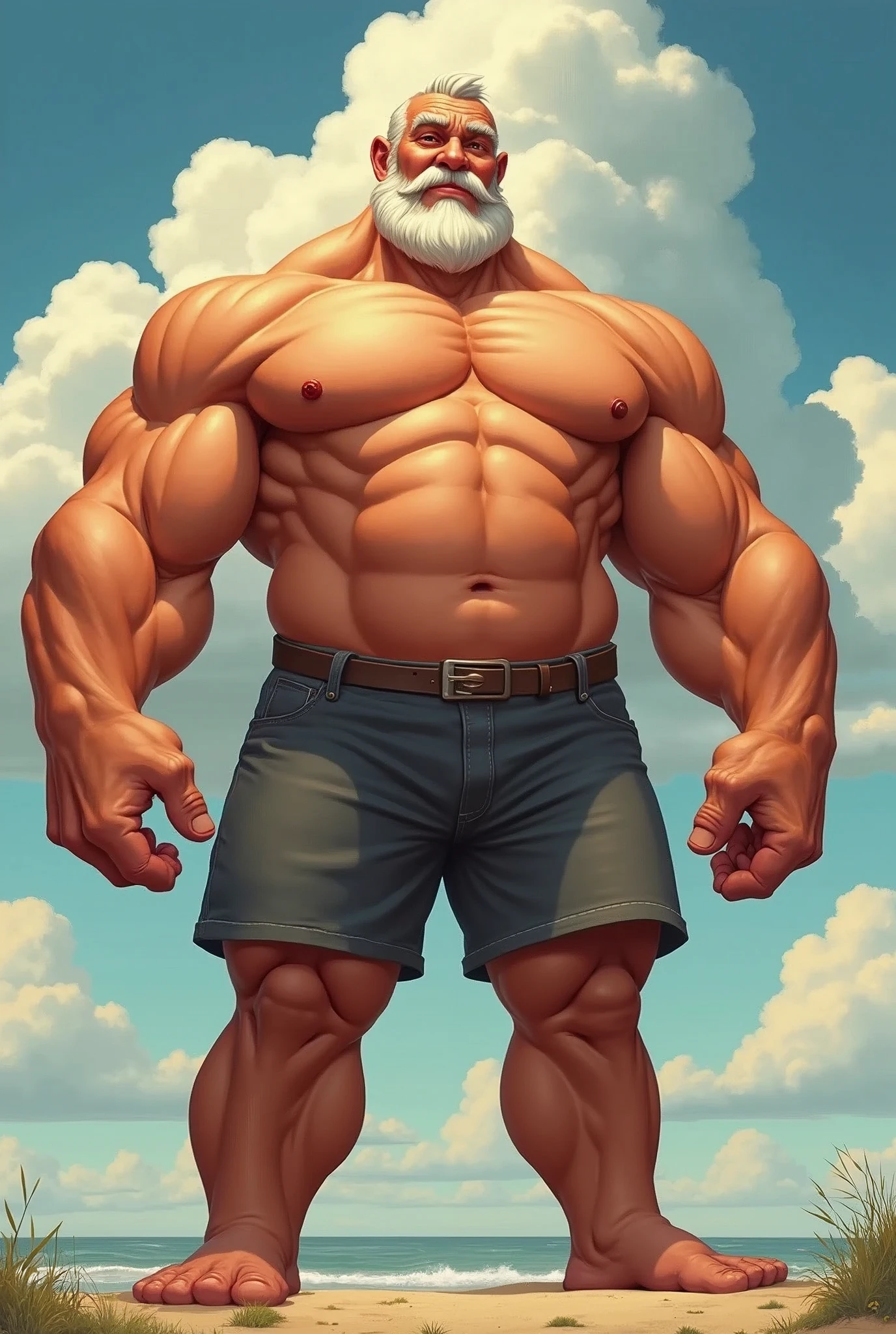 disney art style, semirealistic, huge muscular old man wearing shorts, shirtless, topless, massive muscle, muscle, pectoral, thick arms