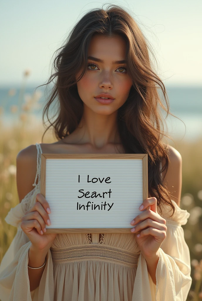Beautiful girl with wavy long hair, bohemian dress, holding a white board with text "I Love Seaart Infinity" and showing it to the viewer