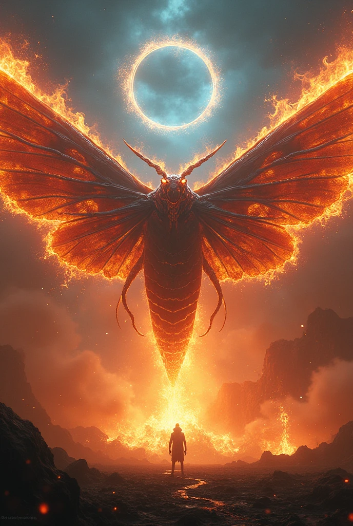 An enormous moth kaiju that is powered by the elememt of fire. It has cosmic rings circling above it and is surrounded by tornadoes of flame
