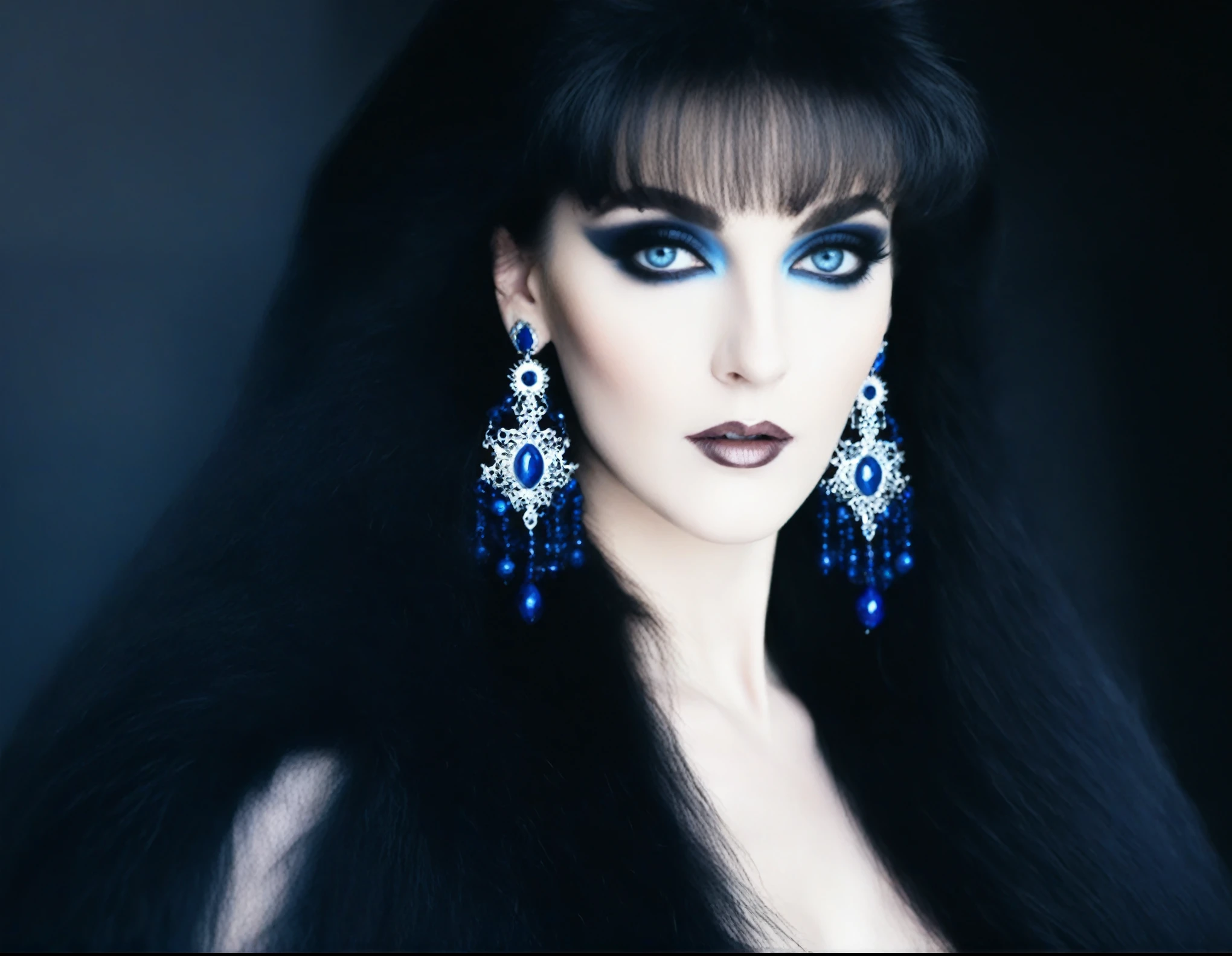 arafed woman with long black hair and blue eyes wearing blue earrings, dark goth queen with blue eyes, huge earrings and queer make up, portrait of a dark goddess, morgana, sapphire blue eyes, with bewitching eyes, black hair and large eyes, with blue fur and blue eyes, wearing goth makeup, inspired by Myra Landau, mysterious glamour