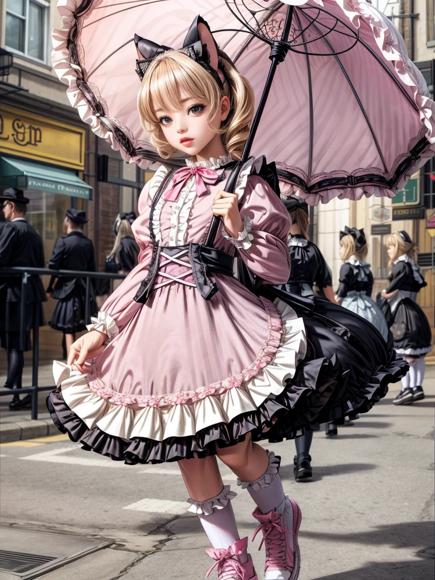 Amazing details, 8k photos, Hyperrealism, Professional Light, Realistic Background, Visual depth, Background blur, Wide-angle lens, whole body, (13 years old, cute, change, Flat Chest, Cat ear), One girl, Colored eyes, Blonde, (Lolita fashion: 1.5), (race, Frilled shirt, White petticoat, sneakers), (stuffed toy), pink cute backpack, street, fashion