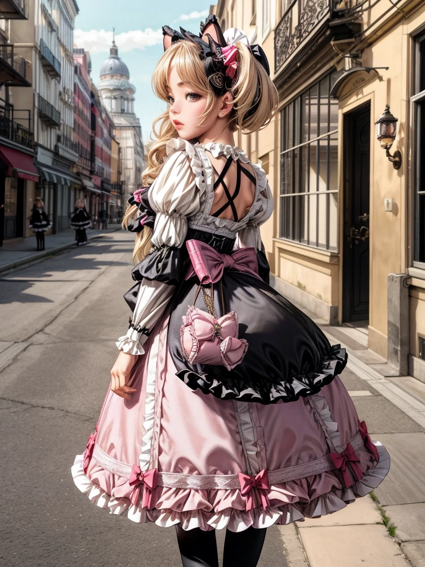 Amazing details, 8k photos, Hyperrealism, Professional Light, Realistic Background, Visual depth, Background blur, Wide-angle lens, whole body, (13 years old, cute, change, Flat Chest, Cat ear), One girl, Colored eyes, Blonde, (Lolita fashion: 1.5), (race, Frilled shirt, White petticoat, sneakers), (stuffed toy), pink cute backpack, street, fashion