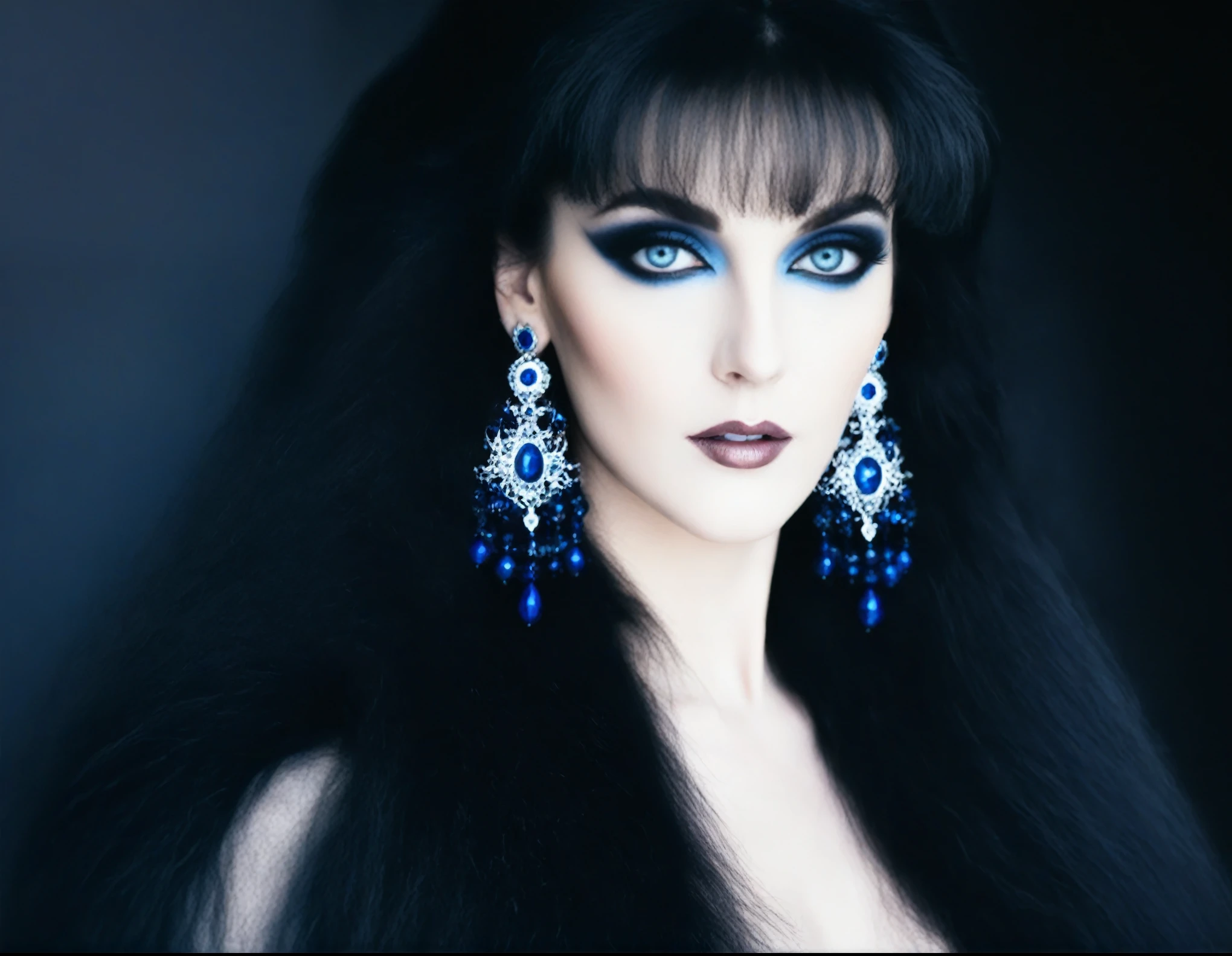 arafed woman with long black hair and blue eyes wearing blue earrings, dark goth queen with blue eyes, huge earrings and queer make up, portrait of a dark goddess, morgana, sapphire blue eyes, with bewitching eyes, black hair and large eyes, with blue fur and blue eyes, wearing goth makeup, inspired by Myra Landau, mysterious glamour
