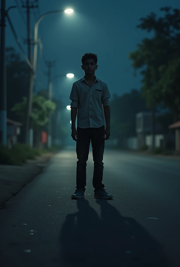 Indian adult boy standing in road at 3 am