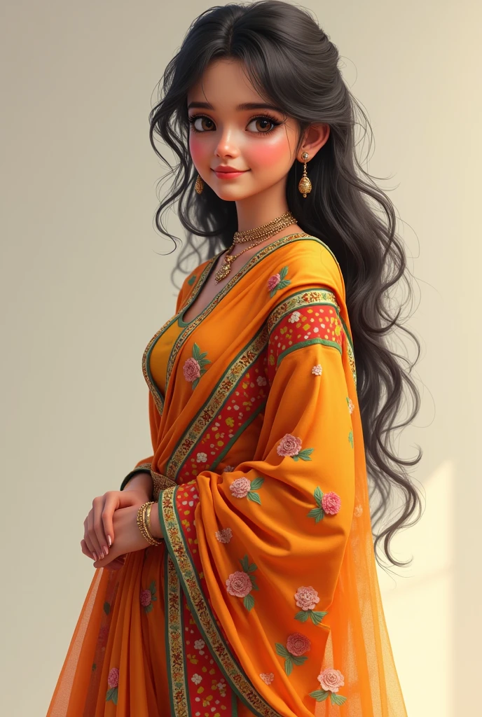 A beautiful healthy girl named Bukku on her chest. Wearing Indian suit with trouser.