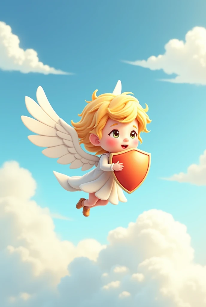 1 concpet art of a cartoon character have leg and arm ,  a character hold a shield
, cloud, pure, lovely, gentle, flying, dreamy, adventurous, exploring and always protecting friends